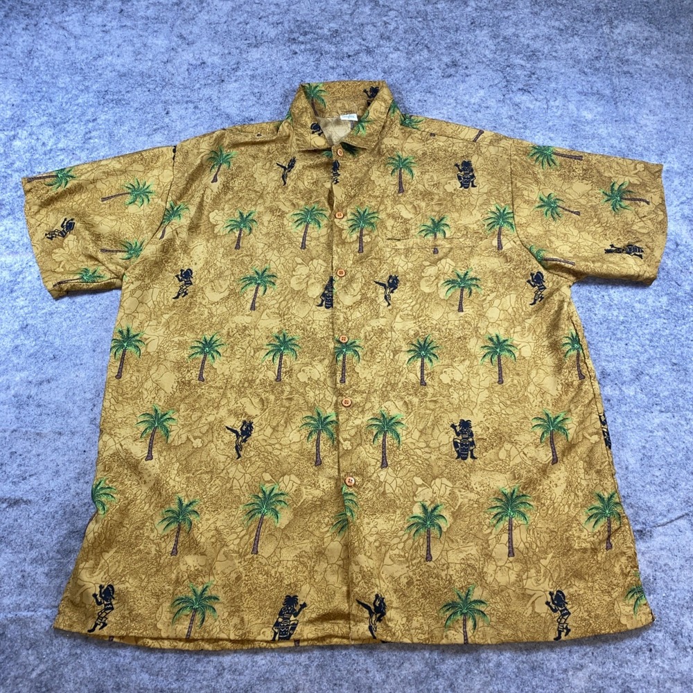 Vtg Caribbean Button Up Shirt Men's Large Tan Floral Hawaiian Tiki Palm‎ Tree
